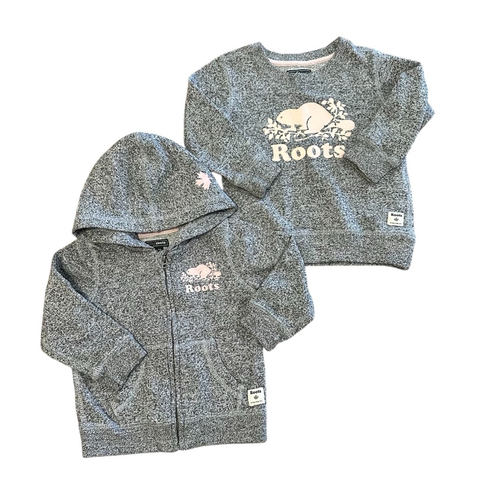 Roots Baby Toddler Zip Front and Crewneck Heather Grey Logo Bundle Sweatshirts
